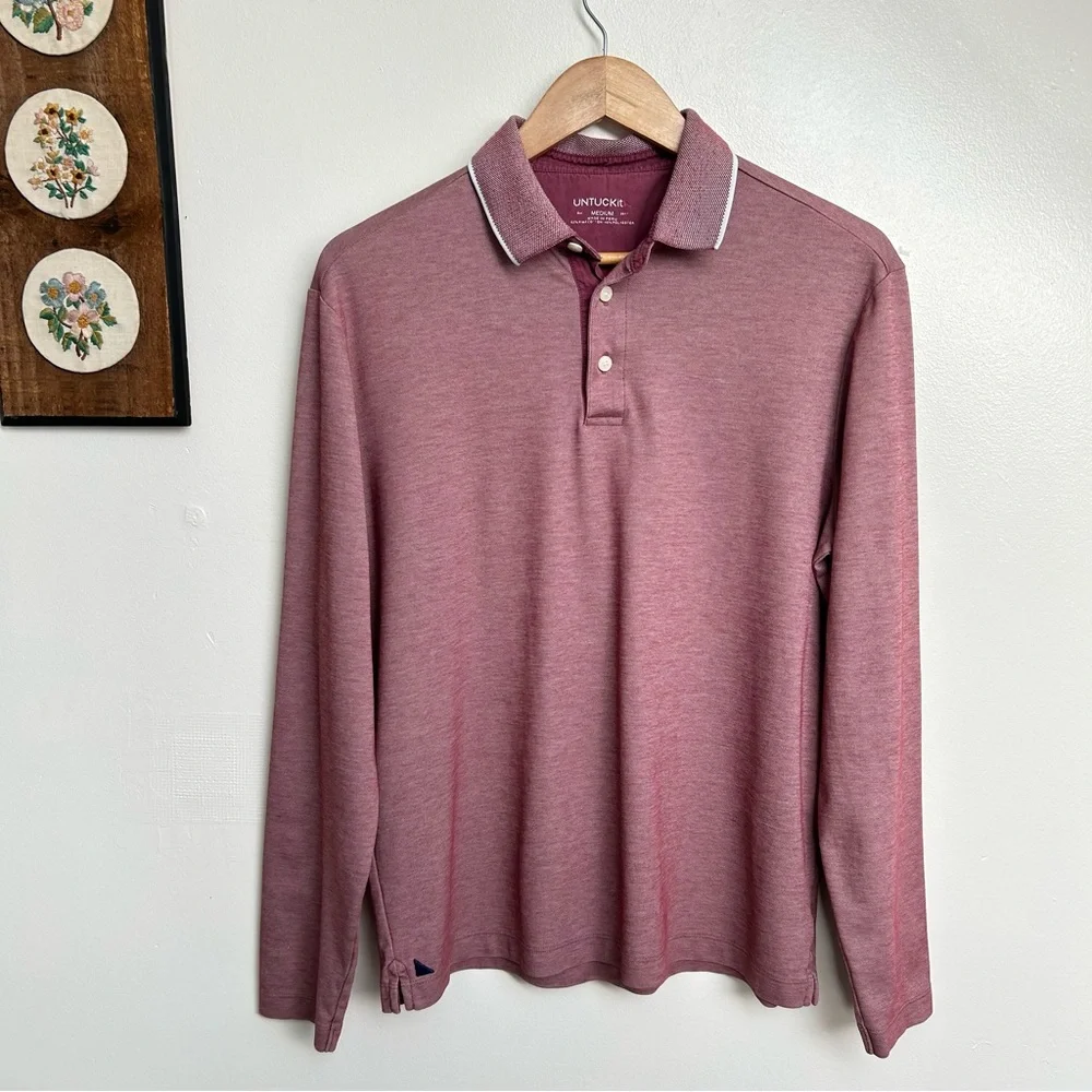 UNTUCKit Mens Beaux Long-Sleeve Tipped Polo Shirt Heathered Red/Pink Size Medium - Picture 1 of 11